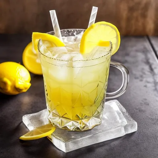 Prompt: Ein Glas Limonade mit Eiswürfeln drin und einer Zitronenscheibe am Glas steht auf einem Tisch und ist Eiskalt.