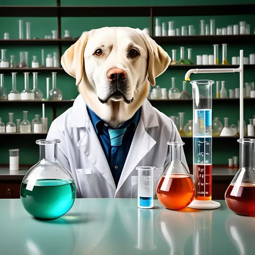 Prompt: A chemistry laboratory with comical glassware and a Labrador scientist\