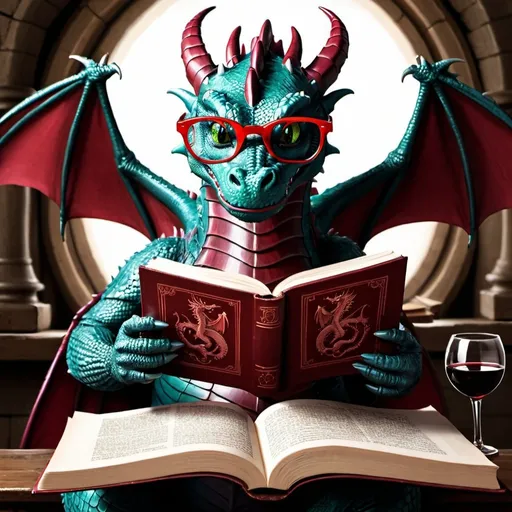 Prompt: A dragon wearing glasses drinking a glass of red wine and reading a large tome. 