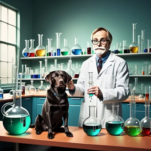 Prompt: A chemistry laboratory with comical glassware and a Labrador scientist\