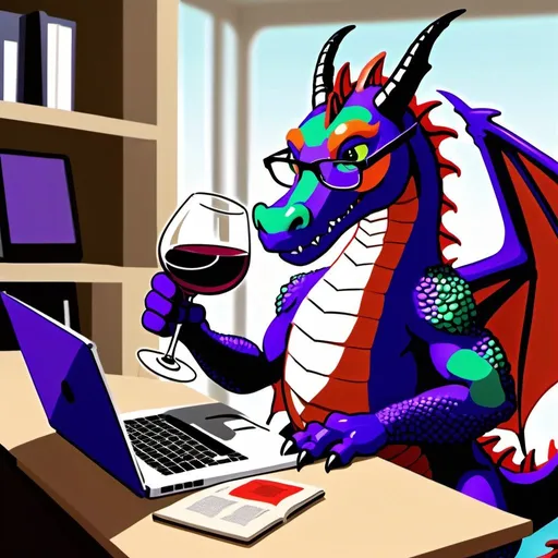 Prompt: A purple dragon in a laboratory wearing glasses drinking a glass of red wine and reading a large tome while referencing a laptop.