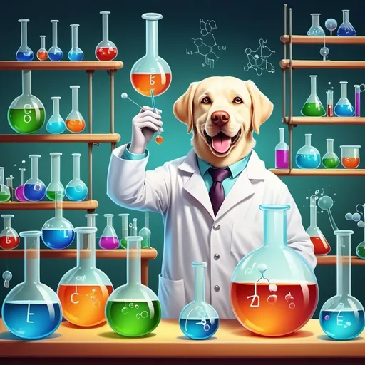 Prompt: A chemistry laboratory with comical glassware and a Labrador scientist\