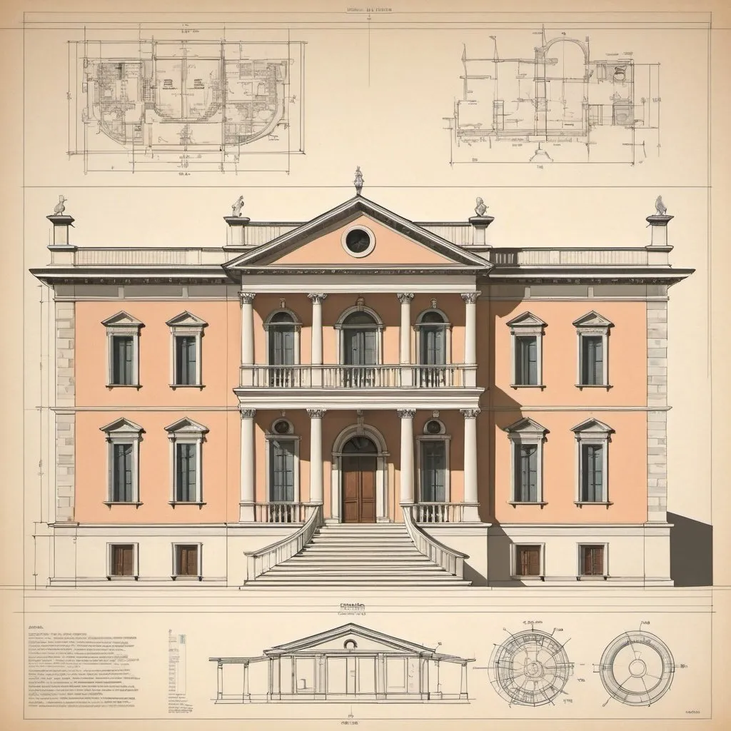 Prompt: Andrea Palladio's Villa, detailed architecture, technical drawing 1950s mechanics poster, infographic, detailed architectural