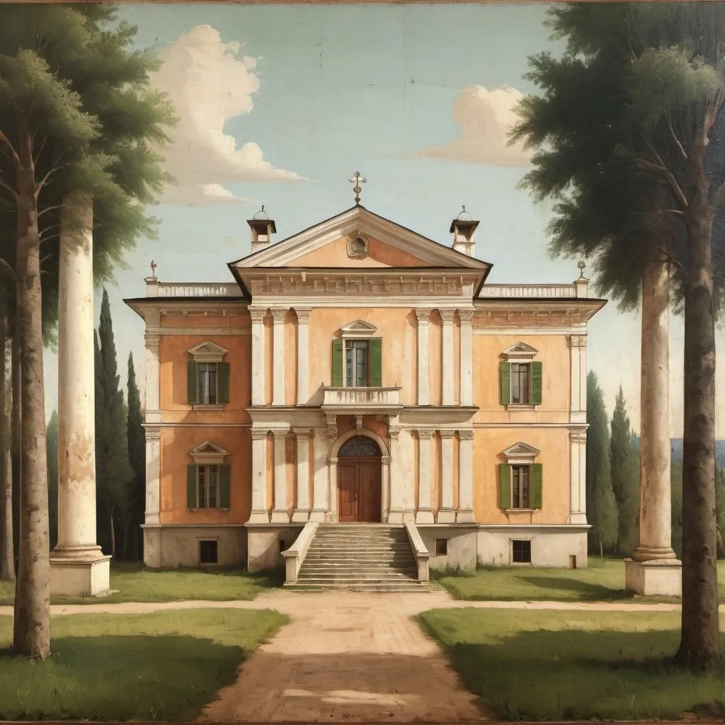 Prompt: 19th century wooden Russian manor, Palladio's villa inspired, Piero della Francesca painting style, detailed architecture, lush green surroundings, warm hues, soft natural lighting, high quality, detailed, vintage, rustic charm, serene atmosphere