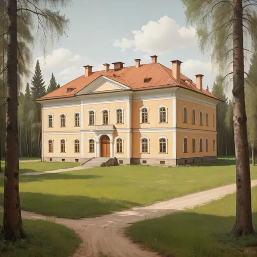 Prompt: 19th century wooden Russian manor, aalto alvar architect, Piero della Francesca painting style, detailed architecture, lush green surroundings, warm hues, soft natural lighting, high quality, detailed, vintage, rustic charm, serene atmosphere