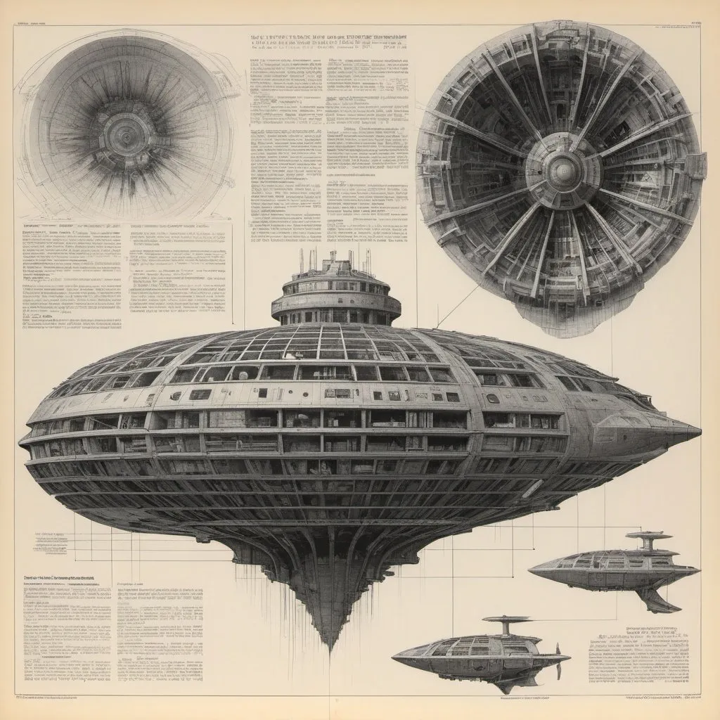 Prompt: Villa Malaparte,  Casa Malaparte, detailed architecture, technical drawing blueprint, infographics exploded view of spacecraft's warp drive technology by hr giger combined with Zdzislaw Beksinski and Ed Binkley, infographics, marginalia, detailed exploded view, 1950's popular mechanics poster