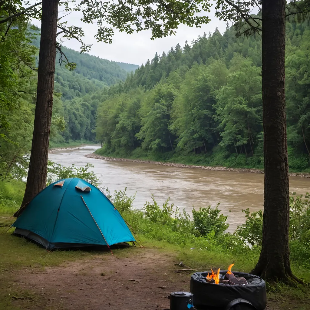 Prompt: camping, forest, beside river