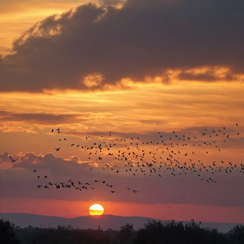 Prompt: sunset with details birds and cloud