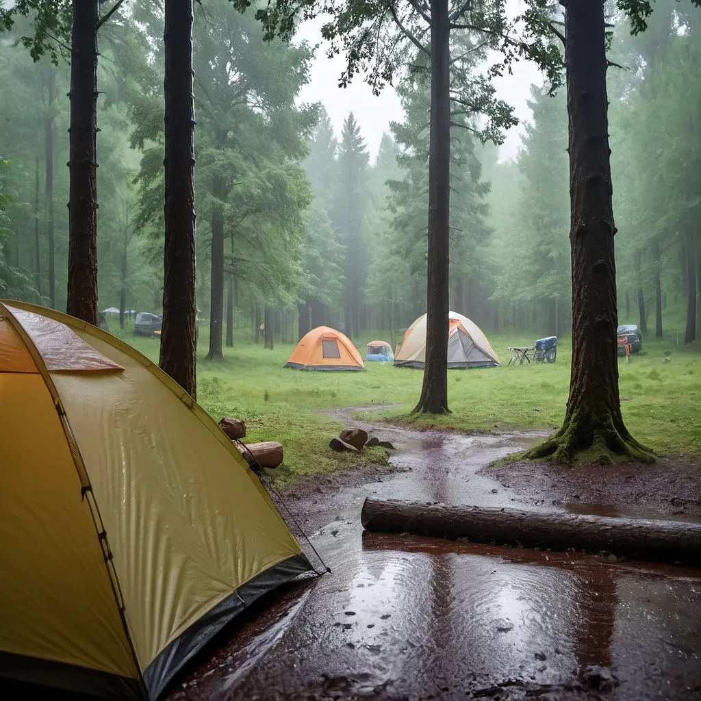 Prompt: camping, forest view, raining