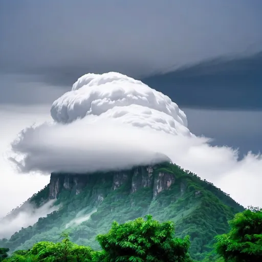 Prompt: cloud around mountain, after raining