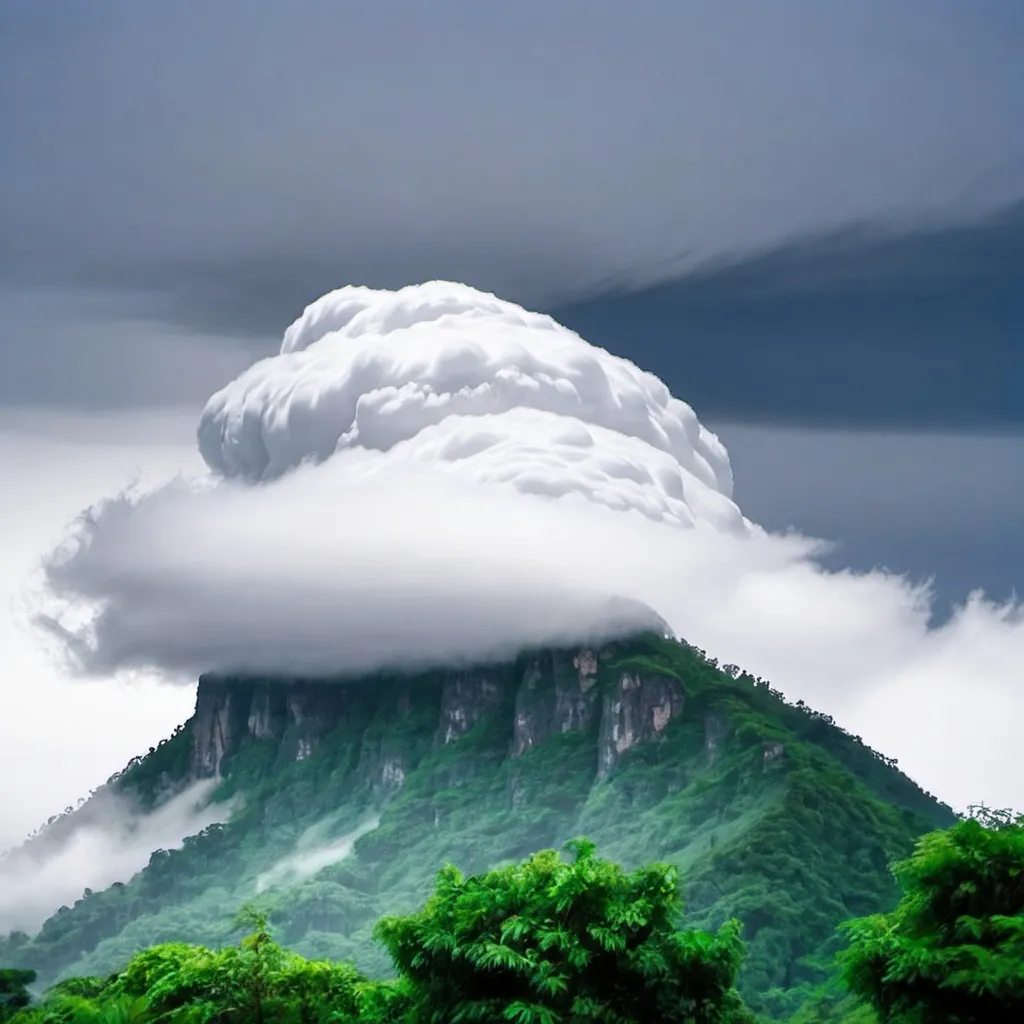 Prompt: cloud around mountain, after raining