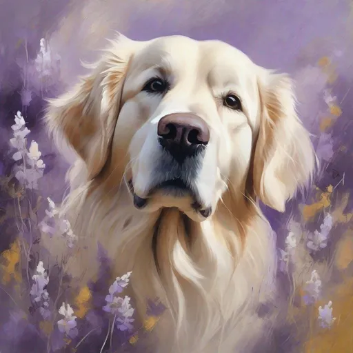 Prompt: Fantasy oil paint white golden retriever Visible strokes,rough edges,muted yellow, lavender colors.Warm lighting neutral backdrop