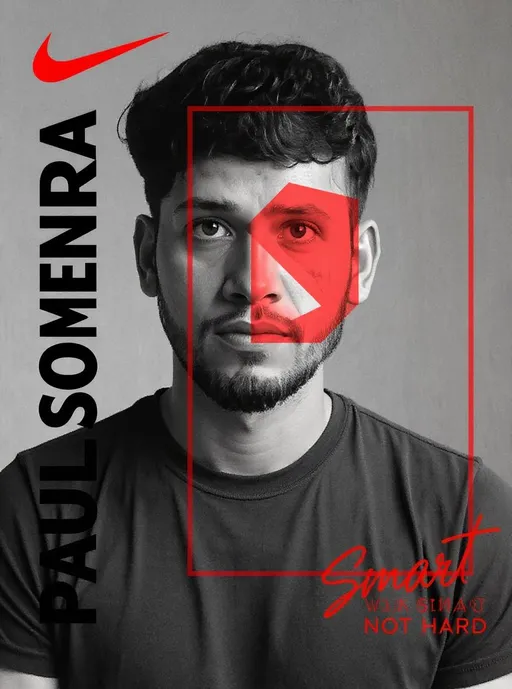 Prompt: HYPER-DETAILED GRAPHIC DESIGN FEATURING A STRIKING PORTRAIT OF A YOUNG MAN WITH THE SAME FACE AS UPLOADED] WITH A CONFIDENT DEMEANOUR. HIS HEAD IS ADORNED WITH VOLUMINOUS, ADDING TEXTURE AND DEPTH TO THE COMPOSITION. THE PORTRAIT IS RENDERED IN A HIGH-CONTRAST BLACK-AND-WHITE STYLE, STANDING OUT AGAINST THE MINIMALIST BACKGROUND. HIS EXPRESSION IS CALM YET DETERMINED, WITH ONE EYE PARTIALLY OBSCURED BY A BOLD RED RECTANGULAR OVERLAY THAT ADDS A MODERN, ARTISTIC FLAIR.

THE BACKGROUND IS A SMOOTH, TEXTURED GREY CANVAS.

SERVING AS A NEUTRAL BACKDROP THAT ENHANCES THE FOCAL ELEMENTS. OVERLAID VERTICALLY ALONG THE LEFT SIDE OF THE IMAGE, THE WORD "PAUL SOMENDRA IS REPEATED IN LARGE, BOLD
BLACK LETTERS WITH A SLIGHT TRANSPARENCY EFFECT.

CREATING A LAYERED, DYNAMIC LOOK INTERSPERSED WITHIN THIS TEXT ARE ICONIC DESIGN ELEMENTS: A PROMINENT NIKE LOGO IN RED NEAR THE TOP. A STYLIZED RED "S" LOWER DOWN, AND A VERTICAL RED LINE THAT PUNCTUATES THE DESIGN. TO THE RIGHT. A RED GEOMETRIC FRAME SURROUNDS THE OBSCURED EYE, DRAWING ATTENTION TO THE INTERPLAY OF COLOUR AND FORM. AT THE BOTTOM RIGHT. THE PHRASE "WORK SMART NOT HARD" IS WRITTEN IN BOLD RED CAPITAL LETTERS, WITH "SMART" IN A SMALLER, ELEGANT CURSIVE SCRIPT BENEATH IT SIGNED OFF WITH "GRAPHICS" IN A MATCHING STYLE, SUGGESTING A PERSONAL OR BRAND SIGNATURE. THE BOTTOM LEFT CORNER FEATURES THE HASHTAG #PAUL" IN RED. REINFORCING THE IDENTITY THEME.
THE YOUNG MAN'S ATTIRE, A PARTIALLY VISIBLE BLACK LEATHER JACKET WITH AN OPEN COLLAR, ADDS A RUGGED YET STYLISH EDGE TO THE OVERALL AESTHETIC.

THE LIGHTING IS SOFT YET DRAMATIC. HIGHLIGHTING THE TEXTURES OF HIS HAIR AND JACKET, WHILE THE RED ACCENTS POP VIVIDLY AGAINST THE GRAYSCALE TONES, CREATING A COHESIVE, HIGH-ENERGY VISUAL THAT BLENDS STREETWEAR CULTURE WITH GRAPHIC ARTISTRY. PHOTOREALISTIC, SHALLOW DEPTH OF FIELD, HIGH-RESOLUTION DSLR QUALITY, HASSELBLAD X2D 100C, SHALLOW DEPTH OF FIELD. SHARPLY FOCUSED ON ME.4:5 ASPECT RATIO. MAKE IT 8K ULTRA REALISTIC HYPER DETAILED

