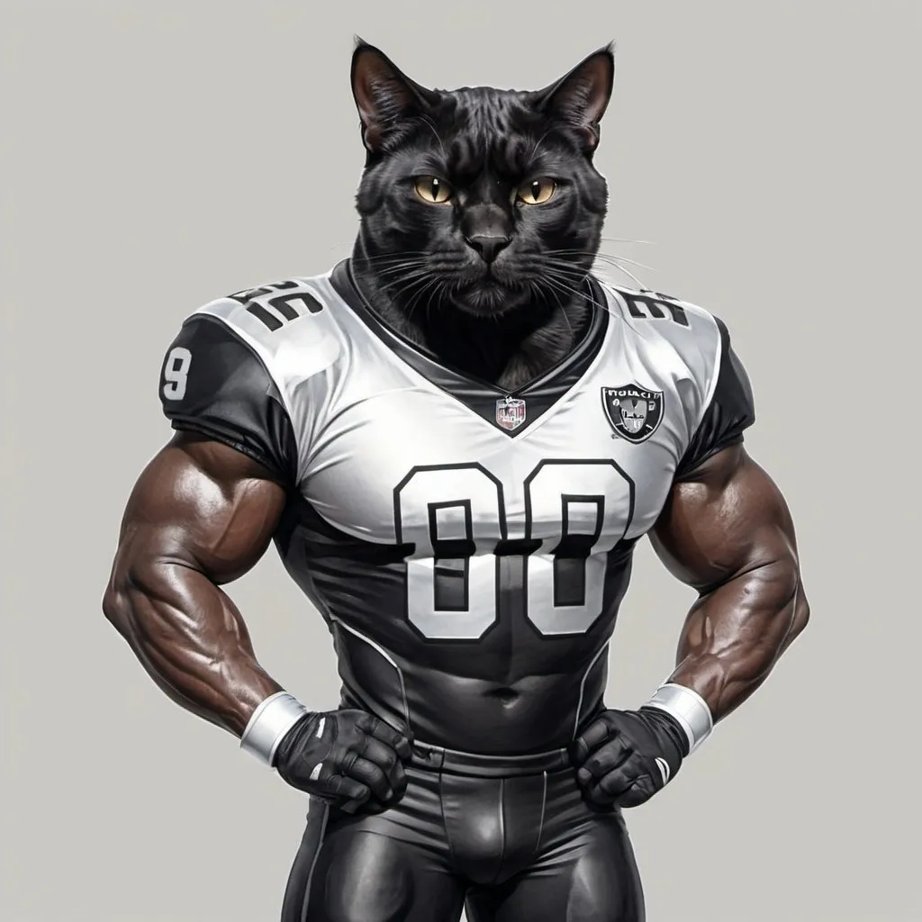 Prompt: drawing of black muscular cat in silver football outfit


