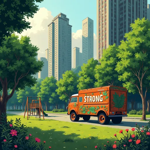 Prompt: A vibrant urban landscape unfolds in this artwork, where tall, shadowy buildings blend into the surrounding greenery, suggesting a harmony between nature and city life. Central to the scene is a large, stylized vehicle adorned with leaves and the word "STRONG," parked beside a lush park filled with trees, flowers, and a playground featuring swings and slides. The sky hints at daybreak, casting a gentle light over the scene, while detailed textures in the foliage and building facades create a captivating depth. This piece conveys a narrative of resilience and growth, juxtaposing the solidity of urban structures with the softness of nature, inviting viewers to reflect on the balance between the two.