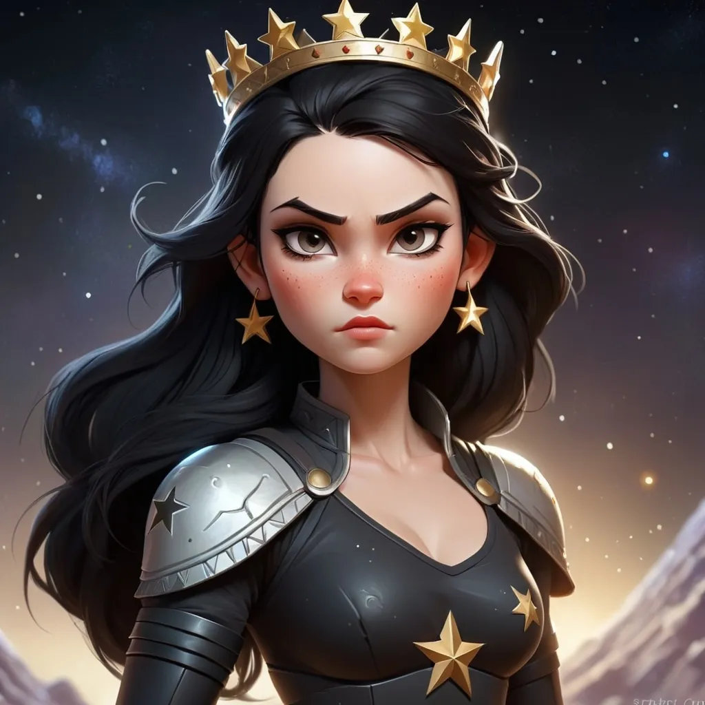 Prompt: fighter,strong dar woman but white skin and fon of stars. love star. a lil bit cute and dark hair and more more  more stars and black hair and eye and with a star crown like princess