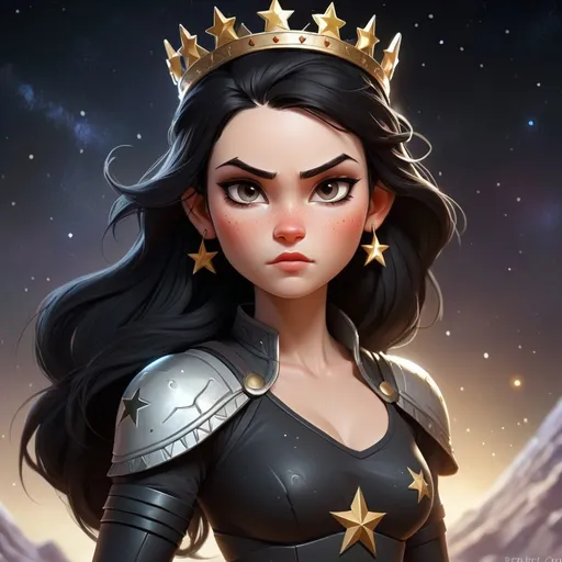 Prompt: fighter,strong dar woman but white skin and fon of stars. love star. a lil bit cute and dark hair and more more  more stars and black hair and eye and with a star crown like princess