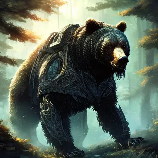 Prompt: card design,tcg card,intricate,highly detailed,artstation [((cropped))],full body,bear,in the forest,sci-fi, fantasy