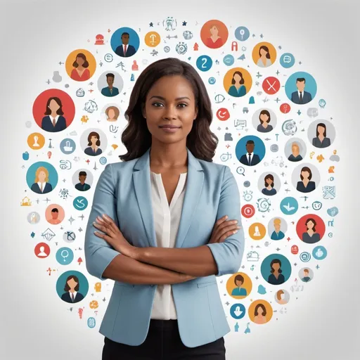 Prompt: graphic of a woman standing in the middle of the room surrounded by icons representing confidence, emotional intelligence, trust, interpersonal skills and leadership