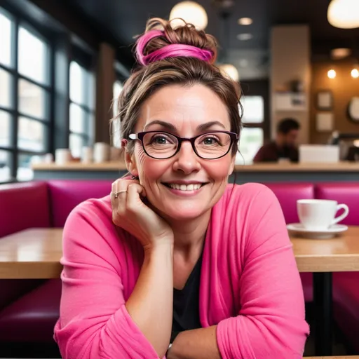 Prompt: A middle age woman, mid size with brown hair in a messy bun. She has round glasses. She is smiling and looking thoughtful. Sitting at a table in a coffee shop and is wearing bright pink.  She is sitting slightly off to the left size to allow for text overlay on the picture. 