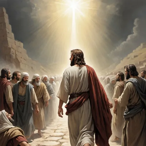 Prompt: As he neared Damascus on his journey, suddenly a light from heaven flashed around him。He fell to the ground and heard a voice say to him, "Saul, Saul, why do you persecute me?""Who are you, Lord?" Saul asked.
"I am Jesus, whom you are persecuting," he replied. "Now get up and go into the city, and you will be told what you must do."