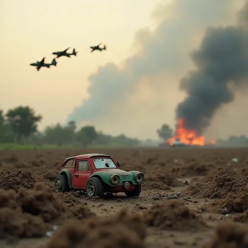 Prompt: abandoned child's toy on muddy field near India- Pakistan border, war planes flying above, smoke and destruction in background emotional war zone concept, no humans