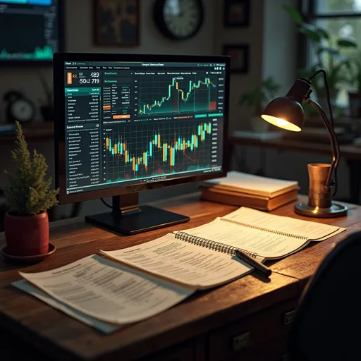 Prompt: Create an image showing algorithmic trading with a twist of vintage and modern. visualize financial data on an old fashioned stock market desk with paper charts and quill pens, juxtaposed with advanced AI algorithms projected onto a wooden surface. Integrate financial reports and stock tickers scattered across the desk with elements like mathematical formulas and futuristic trading monitors subtly hovering above. use a mix of earthy tones with subtle glowing accents to highlight the blend of old school trading with machine learning algorithms