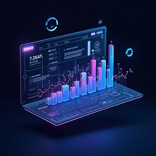 Prompt: Futuristic digital dashboard, holographic 3D graphs and charts floating on a dark minimalistic background, neon blue and purple accents, tech UI design