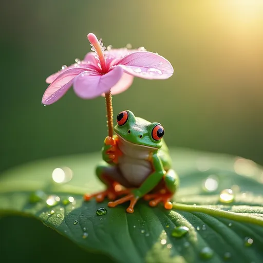 Prompt: A tiny green tree frog holding a delicate pink cherry blossom petal like an umbrella, sitting on a dewy green leaf in soft morning light, macro photography style, with realistic water droplets and bokeh background, spring fantasy wildlife scene, high detail, nature close up, magical atmosphere realistic image 