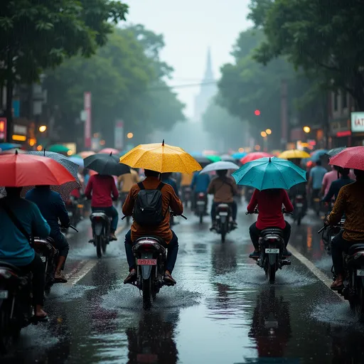 Prompt: crowded Mumbai street during monsoon downpour, people with colorful umbrellas, water splashing, reflections on wet road, indian city chaos, cinematic lighting, no humans