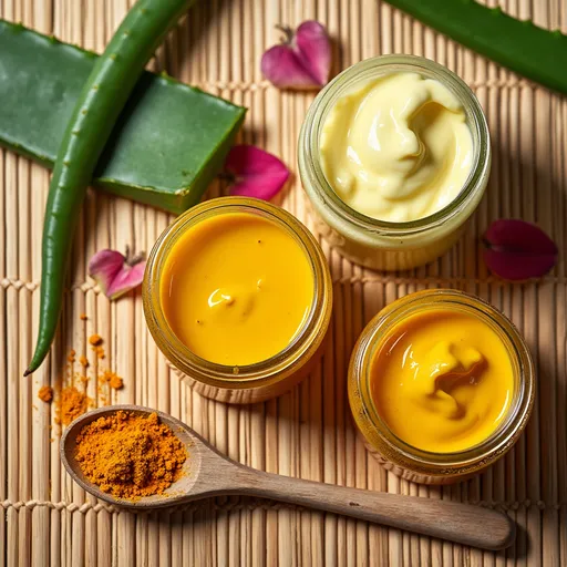 Prompt: Flat lay photo of eco- friendly skincare products on bamboo background, including aloe vera, turmeric cream, rose petals, natural wooden spoon, and glass jars, styled professionally with soft shadows, minimalist aesthetic, product photography style