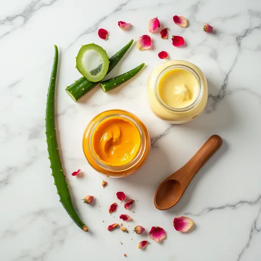 Prompt: Flat lay photo of eco- friendly skincare products on marble background, including aloe vera, turmeric cream, rose petals, natural wooden spoon, and glass jars, styled professionally with soft shadows, minimalist aesthetic, product photography style