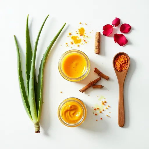 Prompt: Flat lay photo of eco- friendly skincare products on white background, including aloe vera, turmeric cream, rose petals, natural wooden spoon, and glass jars, styled professionally with soft shadows, minimalist aesthetic, product photography style