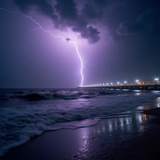 Prompt: Worli Sea link in mumbai during intense monsoon storm, giant purple lightening bolt in night sky, dramatic clouds, sea waves crashing, no people cinematic lighting, surreal and moody atmosphere