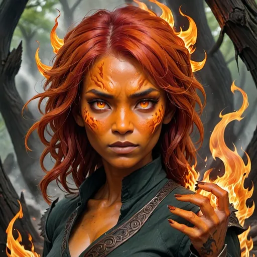 Prompt: This unfriendly fire elemental appears as a woman.  She has copper eyes, scaly orange skin, and vivid red hair cut short.  She is very tall and quite thin, and has clawed fingers.  She likes burning fragrant woods, trying to get better at writing poetry, and is afraid of open spaces.  She wears a lot of dark colors.