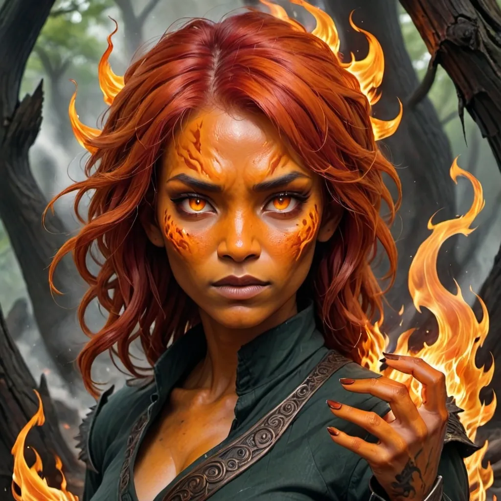 Prompt: This unfriendly fire elemental appears as a woman.  She has copper eyes, scaly orange skin, and vivid red hair cut short.  She is very tall and quite thin, and has clawed fingers.  She likes burning fragrant woods, trying to get better at writing poetry, and is afraid of open spaces.  She wears a lot of dark colors.