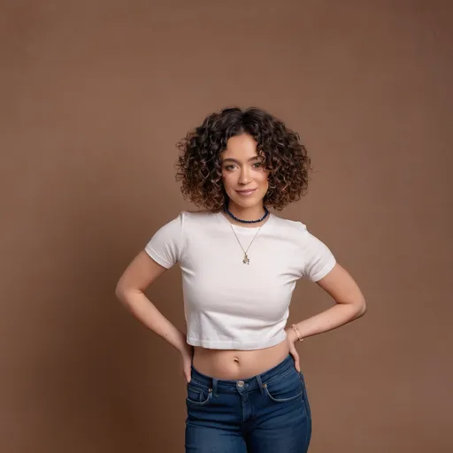 Prompt: A woman in her 30s standing in front of a photo shoot set. She is wearing a completely blank, plain white crew neck baby tea, which has short sleeves and his crop to her bellybutton. She’s wearing dark blue jeans. She has brown curly hair to her shoulders. She’s wearing a few trendy bracelets. The backdrop of the photo set looks silver sequin fabric.