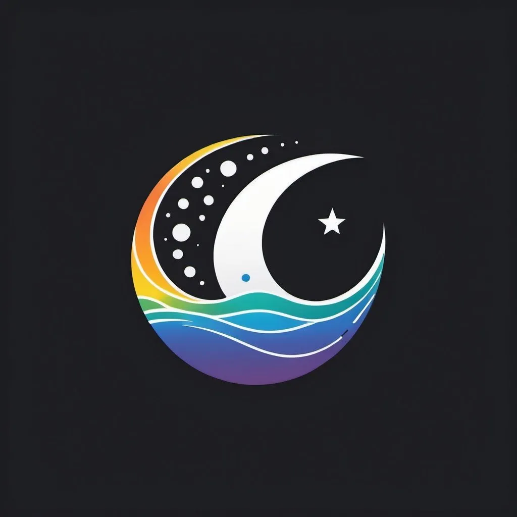 Prompt: simple logo of 'The Flow', flowing water, minimalist design, clean lines, high contrast, simplistic style, subtle details, professional quality, monochrome, minimalist, dripping water, clean lines, high contrast, sleek design, incorporate a line of dots colors of the rainbow, crescent moon and stars over flowing water
