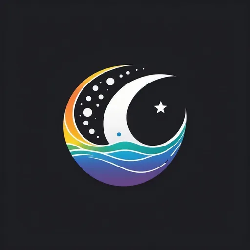 Prompt: simple logo of 'The Flow', flowing water, minimalist design, clean lines, high contrast, simplistic style, subtle details, professional quality, monochrome, minimalist, dripping water, clean lines, high contrast, sleek design, incorporate a line of dots colors of the rainbow, crescent moon and stars over flowing water