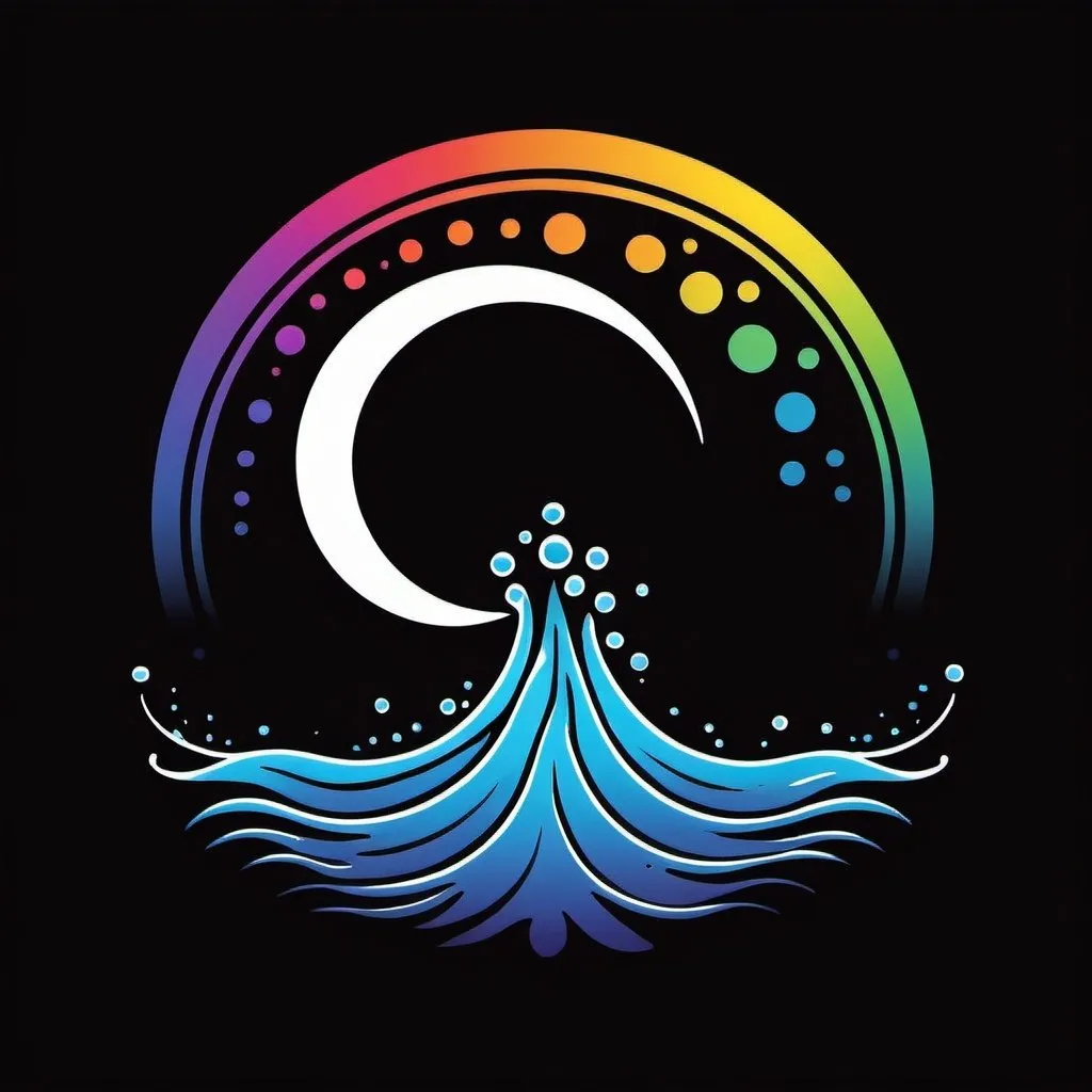 Prompt: simple logo of 'The Flow', flowing river, minimalist design, clean lines, high contrast, simplistic style, subtle details, professional quality, monochrome, minimalist, dripping water, clean lines, high contrast, sleek design, incorporate a line of dots colors of the rainbow, crescent moon and stars over flowing water