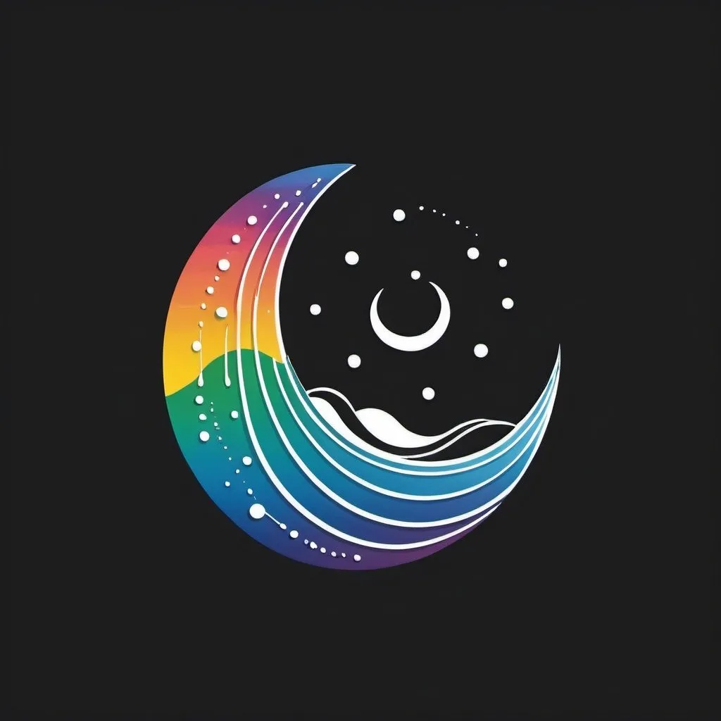 Prompt: simple logo of 'The Flow', flowing water, minimalist design, clean lines, high contrast, simplistic style, subtle details, professional quality, monochrome, minimalist, dripping water, clean lines, high contrast, sleek design, incorporate a line of dots colors of the rainbow, crescent moon and stars over flowing water