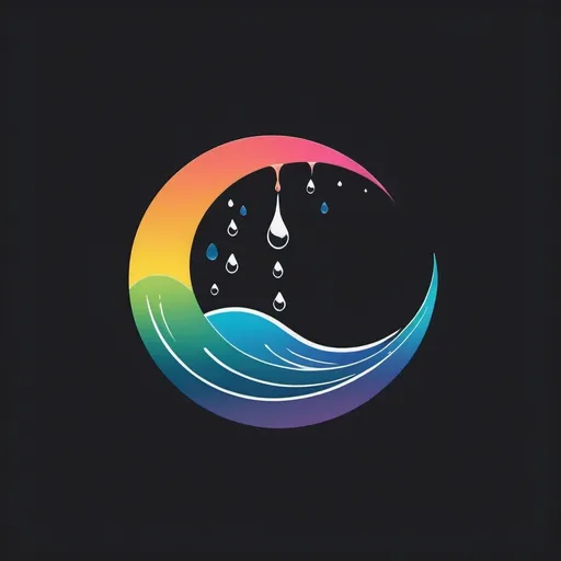 Prompt: simple logo of 'The Flow', flowing water, minimalist design, clean lines, high contrast, simplistic style, subtle details, professional quality, monochrome, minimalist, dripping water, clean lines, high contrast, sleek design, incorporate a line of dots colors of the rainbow, crescent moon and stars over flowing water