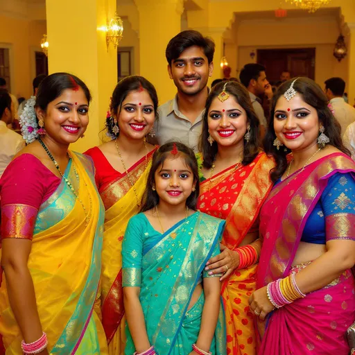 Prompt: Brightly colored traditional attire reflects the festive spirit among a group of women posing together, with a young girl among them, in a lively indoor setting adorned with yellow walls and decorative lighting. The women, dressed in vibrant sarees featuring intricate patterns and bold colors, display joyful expressions while some accessories, like jewelry, catch the light, enhancing their festive look. A young man in a beige shirt stands slightly behind them, adding a dynamic element to the scene. The composition captures a moment of celebration within a communal space, where other guests can be seen engaging in conversation in the background, emphasizing a cheerful gathering atmosphere. Overall, the image radiates warmth, unity, and a sense of cultural pride.