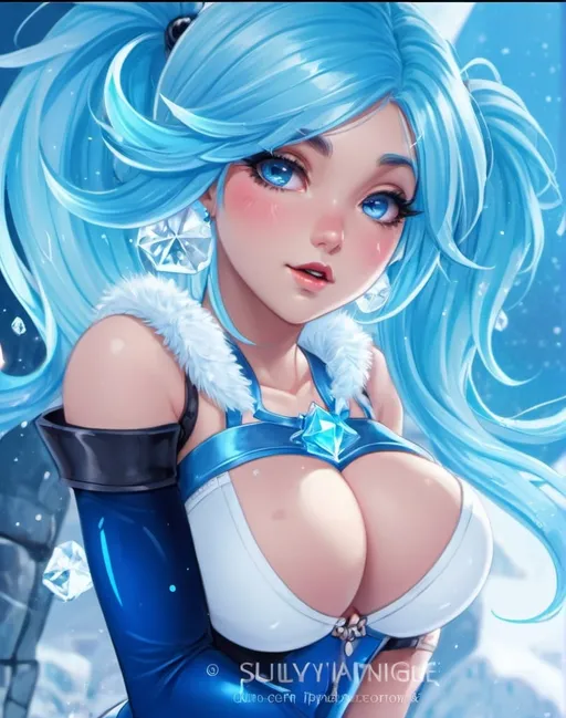 Prompt: Curvy girl, twin tail blue hair, sultry expression, high heels, ice magic, cleavage, blue and white color scheme, cute face, detailed curves, high-res, fantasy, digital art, magical atmosphere, skimpy, sultry gaze, ice crystals, detailed clothing, high quality, detailed, fantasy art, digital painting, enchanting lighting, slutty, revealing, underwear 