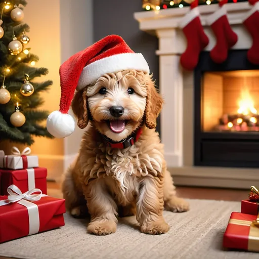 Prompt: Mini goldendoodle (cute and smiling), little Christmas rat with a Santa hat, sack full of presents, cozy house interior, warm nighttime ambiance, illuminated fireplace casting soft golden light, vibrant Christmas tree adorned with colorful ornaments, cheerful Christmas stockings hung with care, (whimsical and joyful atmosphere), heartwarming friendship scene, ultra-detailed, 4K quality. Big smile from adorable mini golden doodle wearing a Christmas hat