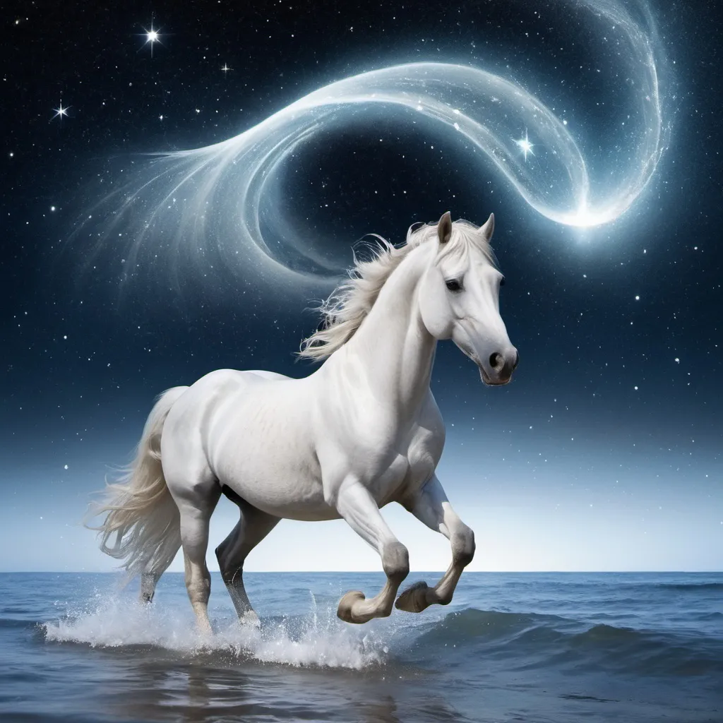 Prompt: SKY, WAVE, STAR, WHITE HORSE, Universe