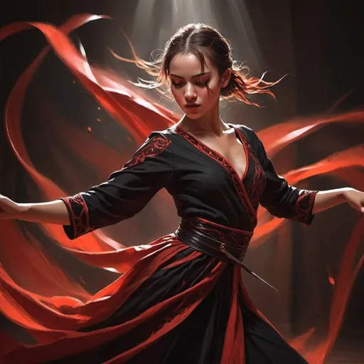 Prompt: A skilled girl dancing with blades, dynamic and graceful movements, realistic digital painting, flowing red and black outfit, intense and focused gaze, blades sparkling in the light, detailed facial features, dramatic lighting, high quality, realistic, dynamic, red and black tones, fierce and elegant