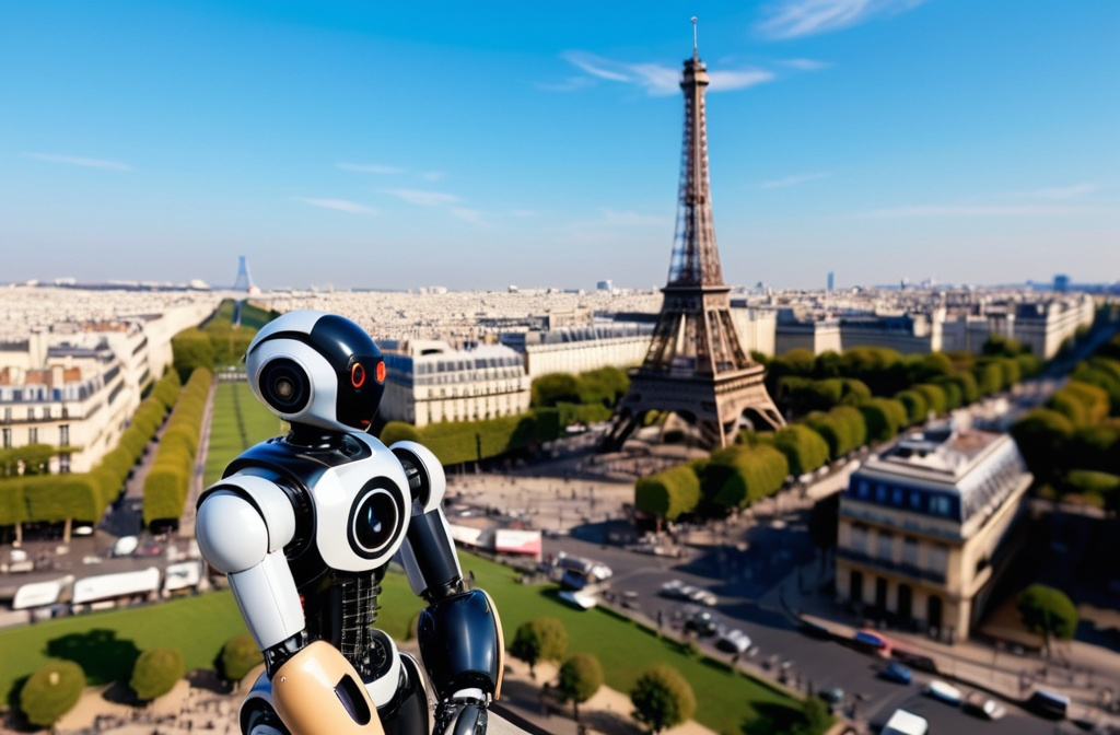 Prompt: In the foreground, you'll find a robot pausing in front of a monument on the Place du Trocadéro. In the background, the Eiffel Tower and mainly the sky. The tones are rather cool and there's a lot of clarity. There's also plenty of exposure.
The lens is at human height