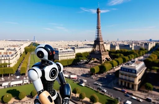 Prompt: In the foreground, you'll find a robot pausing in front of a monument on the Place du Trocadéro. In the background, the Eiffel Tower and mainly the sky. The tones are rather cool and there's a lot of clarity. There's also plenty of exposure.
The lens is at human height