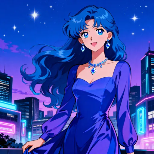 Prompt: 1980s anime vibe. blue long wavy hair. a girl. strong aura. shiny blue diamond eyes. wears blue diamond earrings, necklace. modern city. blue purple evening sky, shiny stars. front face with smiled. blue purple dress with long sleeves